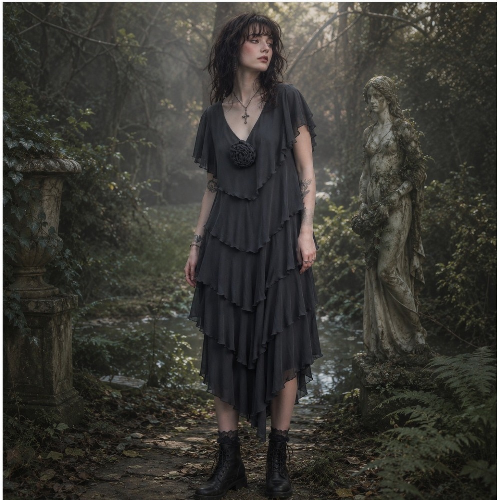 Vintage Black Tiered Chiffon Rosette Dress 8 Ruffle Whimsigoth Fairy Grunge Goth